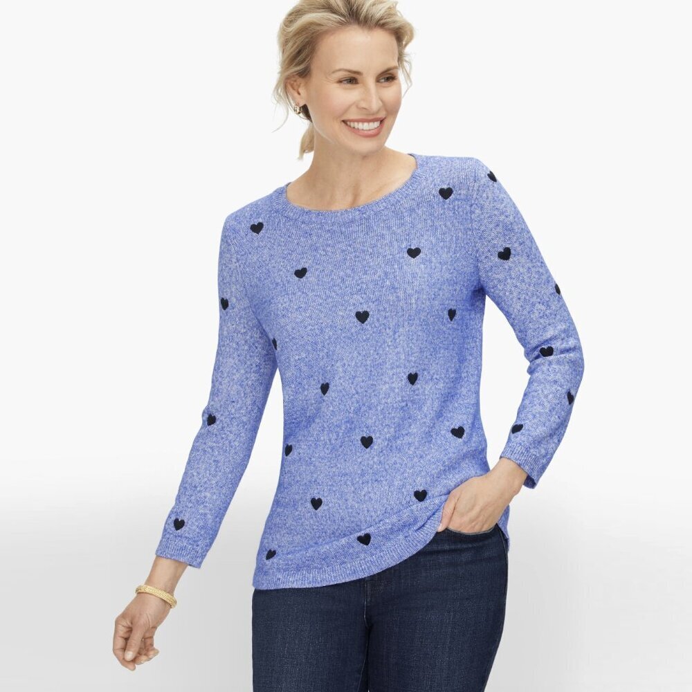 TALBOTS Plus Embroidered Hearts Crewneck Sweater in Blue/Black, size X
